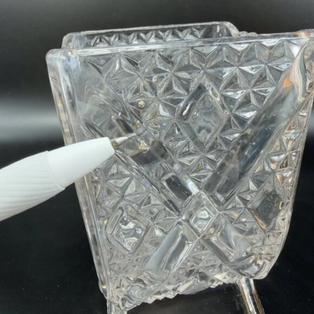 EAPG Adams & Co Clear Crossbar Finecut Footed Clear Vase Manganese 365nm UV Glow